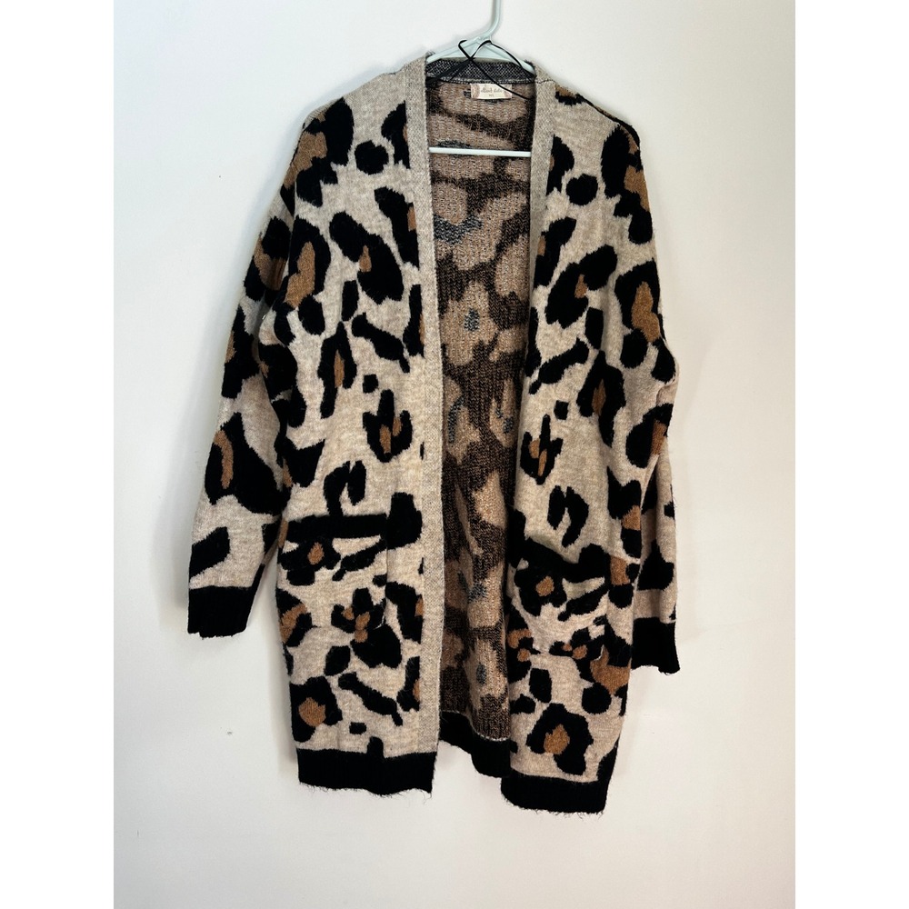 Altard State M/L Leopard Print‎ Knit Open Front Pocket Cardigan Sweater